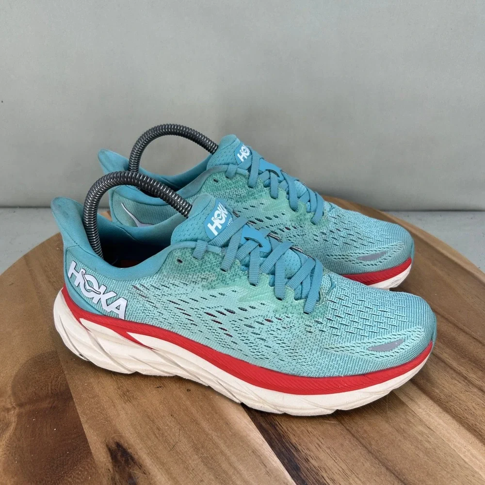Hoka Clifton 8 Womens Running Shoes Blue Red White Sneakers Cushioned Comfort